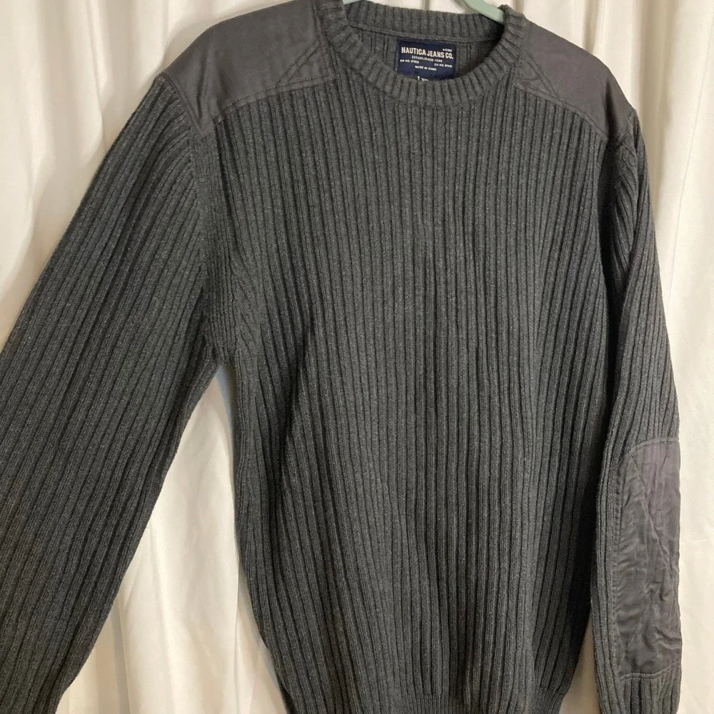 VTG Nautica Jeans Commando Sweater Gray Ribbed Elbow Patch XXL Military Tactical